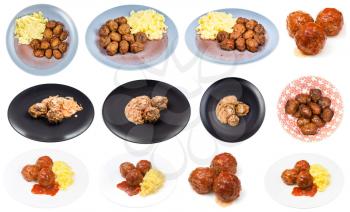 set of various dishes with meatballs on plate isolated on white background