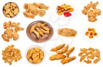 set of various deep fried chicken pieces (nuggets, strips, wings, etc) isolated on white background