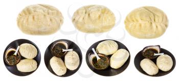 set of cooked Wang Mandu Pyanse (steamed pie stuffed with vegetable and meat in Korean cuisine) isolated on white background