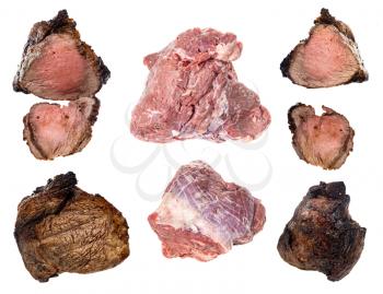 set of raw and cooked homemade Roast beef isolated on white background