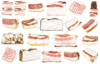 collection of various salted Salo (pork fatback) isolated on white background
