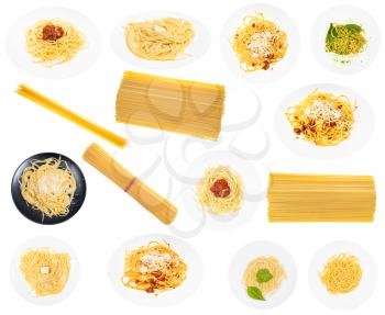 set of cooked dishes from italian spaghetti isolated on white background