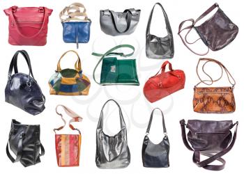 collection of various handcrafted ladies leather bags isolated on white background