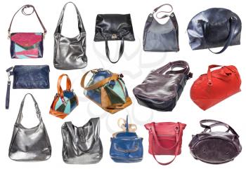 collage from various handcrafted women's leather bags isolated on white background