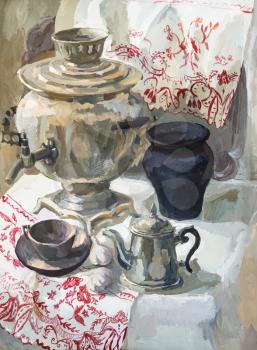 still life with samovar and teapot hand-painted by tempera paints on white paper