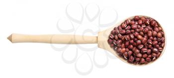 top view of raw adzuki beans in wood spoon isolated on white background