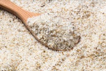 wooden spoon with psyllium husk close up on pile of sugar