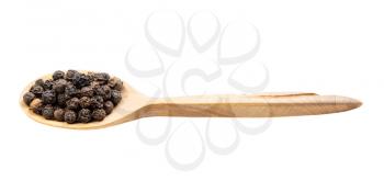 hainan black pepper in wooden spoon isolated on white backgrouns