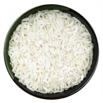 top view of polished long-grain jasmine rice in round bowl isolated on white background