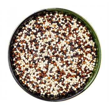 top view of blend of quinoa grains in round bowl isolated on white background