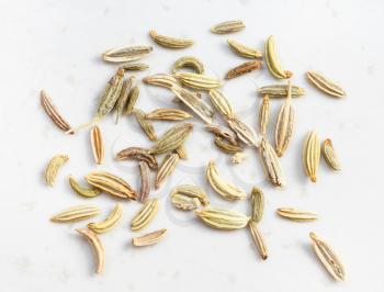 several fennel seeds close up on gray ceramic plate