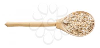 wooden spoon with raw four cereal flakes isolated on white background