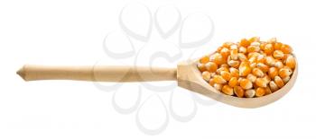 wooden spoon with raw maize corns isolated on white background