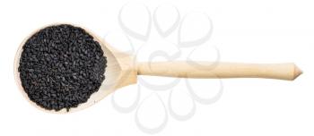 top view of wood spoon with black sesame seeds isolated on white background