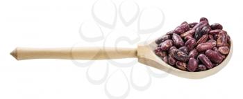 wooden spoon with red spotted pinto beans isolated on white background