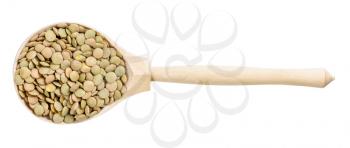 top view of wood spoon with whole large green lentils isolated on white background