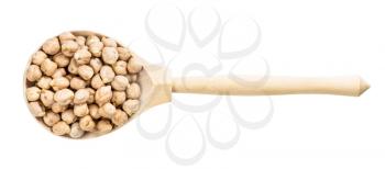 top view of wood spoon with chickpea seeds isolated on white background