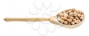 wooden spoon with chickpea seeds isolated on white background
