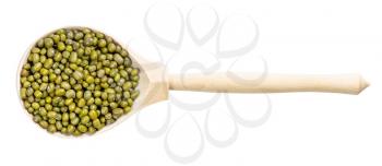 top view of wood spoon with green mung bean isolated on white background
