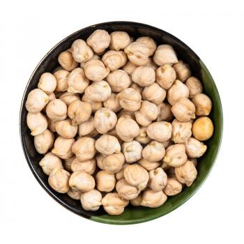 top view of raw dried chickpea seeds in round bowl isolated on white background