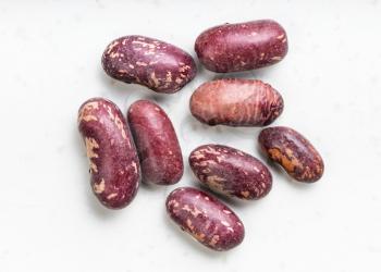 several raw red spotted pinto beans close up on gray ceramic plate