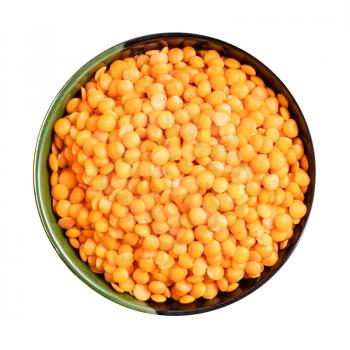 top view of raw whole red lentils in round bowl isolated on white background