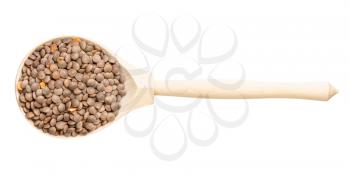 top view of wood spoon with raw brown unhulled red lentils isolated on white background