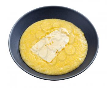 cornmeal porridge with piece of brined cheese in gray bowl isolated on white background