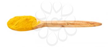 wooden spoon with curcuma (turmeric) powder isolated on white background
