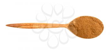 top view of wood spoon with cinnamon powder isolated on white background