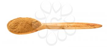 wooden spoon with cinnamon powder isolated on white background