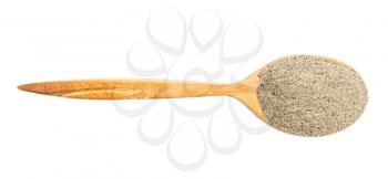 top view of wood spoon with ground black pepper isolated on white background