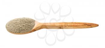 wooden spoon with ground black pepper isolated on white background