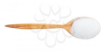 top view of wood spoon with glutamate flavoring isolated on white background