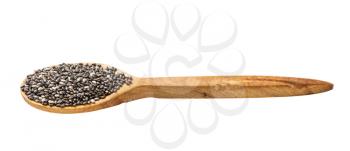 wooden spoon with raw chia seeds isolated on white background