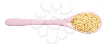 top view of ceramic spoon with amaranth grains isolated on white background