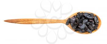 top view of wood spoon with black barberry fruits isolated on white background