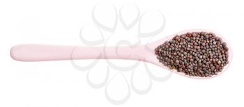 top view of ceramic spoon with black mustard seeds isolated on white background