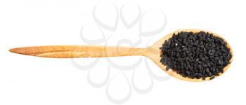 top view of wood spoon with nigella seeds isolated on white background