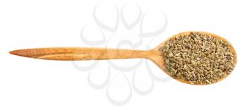 top view of wood spoon with ajwain seeds isolated on white background