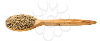wooden spoon with ajwain seeds isolated on white background