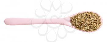 top view of ceramic spoon with ajwain seeds isolated on white background