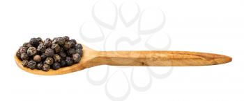wooden spoon with black pepper peppercorns isolated on white background