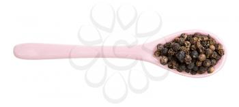 top view of ceramic spoon with black pepper peppercorns isolated on white background