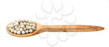 wooden spoon with white pepper peppercorns isolated on white background