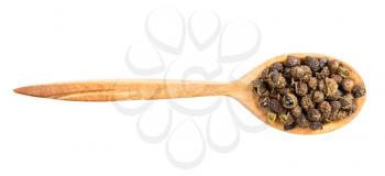 top view of wood spoon with sichuan pepper peppercorns isolated on white background
