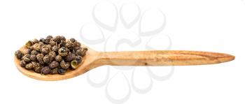 wooden spoon with sichuan pepper peppercorns isolated on white background