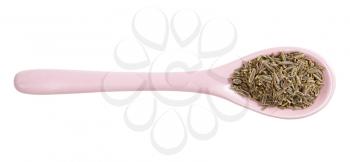 top view of ceramic spoon with kala zeera (Elwendia persica) seeds isolated on white background