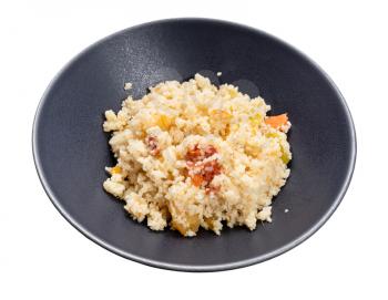moroccan couscous cooked with vegetables in gray bowl isolated on white background