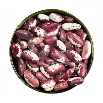 top view of red speckled kidney beans in round bowl isolated on white background